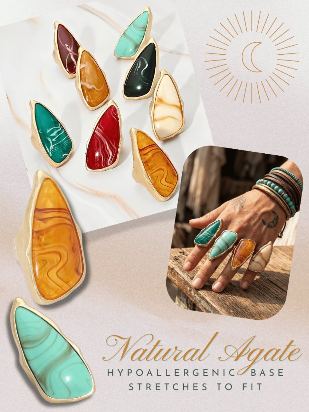 Anthropologie Inspired Natural Agate Stone Gold Dip Boho Stretch Statement Ring